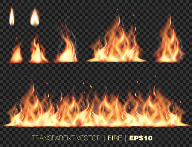 illustrazioni stock, clip art, cartoni animati e icone di tendenza di raccolta di fiamme incendi realistiche - translucent