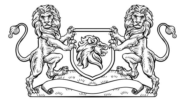 ilustrações, clipart, desenhos animados e ícones de leão heráldico escudo brasão escudo emblema - grunge shield coat of arms insignia
