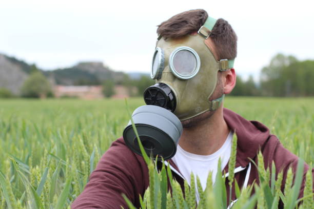 istock Man wearing breathing mask in wheat field 1006562704