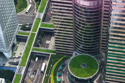 Skyscraper buildings in the financial and business center, green covered walkways and street traffic.