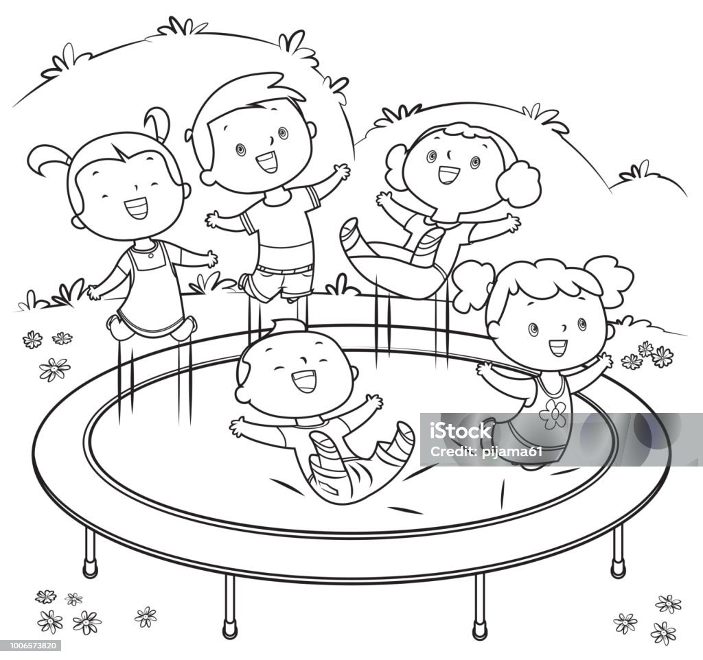 Coloring Book, Kids jumping on trampoline Vector coloring Book, Kids jumping on trampoline Child stock vector