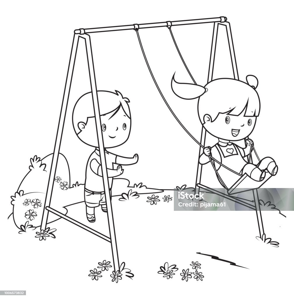 coloring book, children playing on swing Vector coloring book, children playing on swing Coloring Book Page - Illlustration Technique stock vector