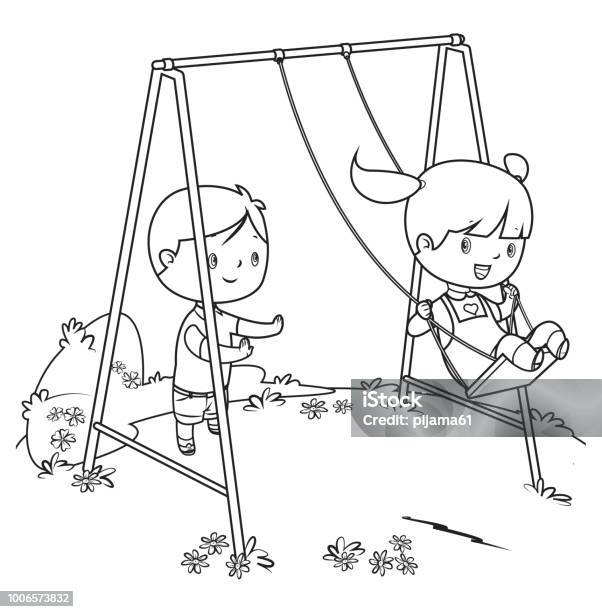 Coloring Book Children Playing On Swing Stock Illustration - Download Image Now - Coloring Book Page - Illlustration Technique, Child, Coloring