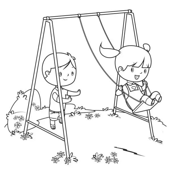 Vector illustration of coloring book, children playing on swing