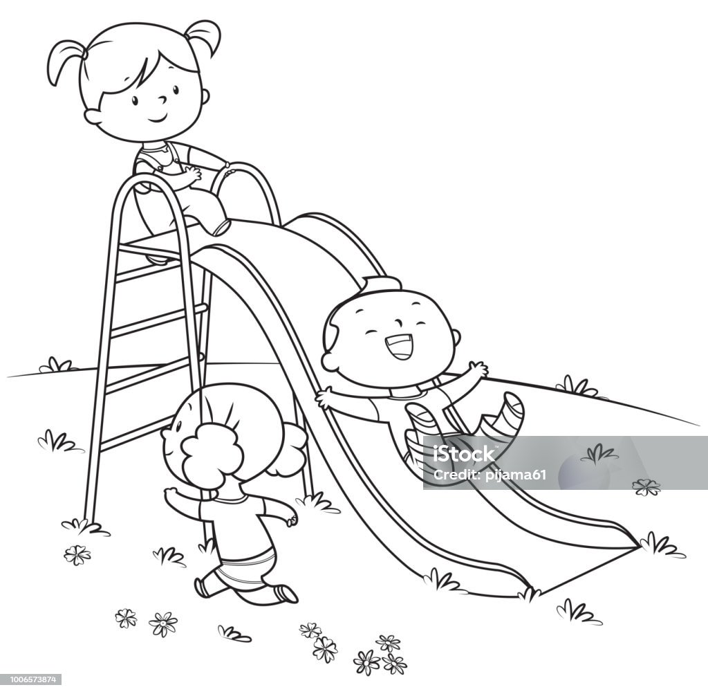 coloring book, kids playing on slide Vector coloring book, kids playing on slide Coloring Book Page - Illlustration Technique stock vector