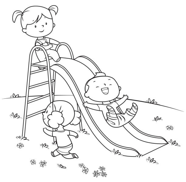 coloring book, kids playing on slide Vector coloring book, kids playing on slide coloring book page illlustration technique illustrations stock illustrations