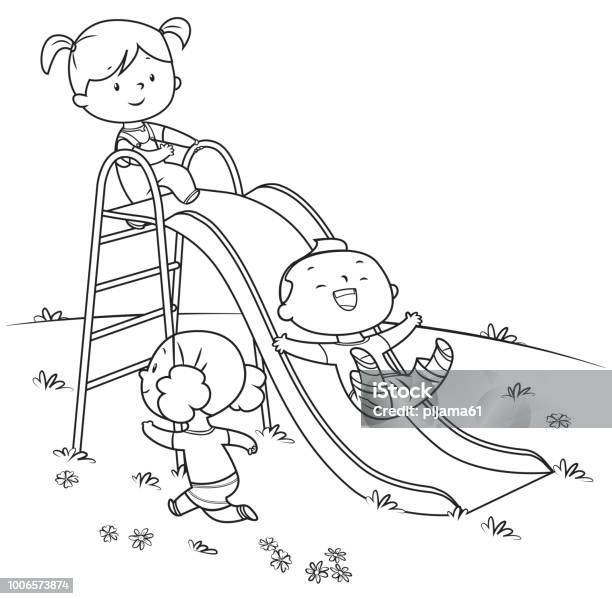 Coloring Book Kids Playing On Slide Stock Illustration - Download Image Now - Coloring Book Page - Illlustration Technique, Child, Sliding