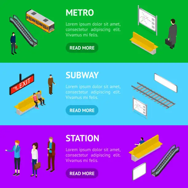 Vector illustration of Subway Station Banner Horizontal Set Isometric View. Vector