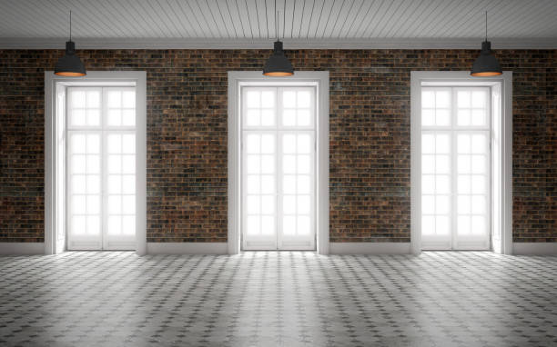 Bright empty room with brick wall and huge windows.3d rendering stock photo