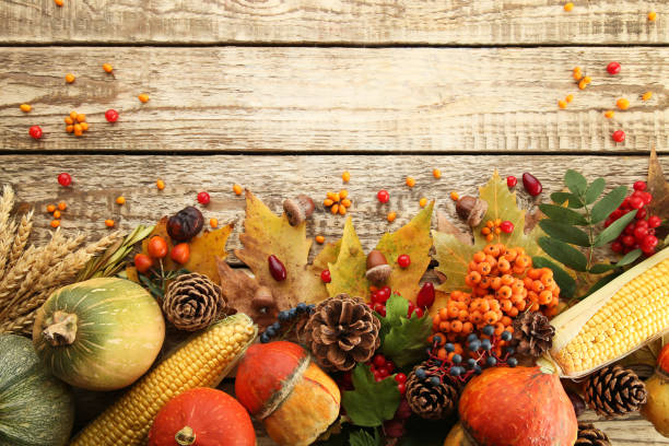 istock Autumn leafs with berries and vegetables on grey wooden table 1006587598