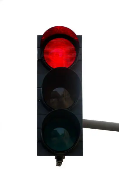 Traffic light with red color on a white background