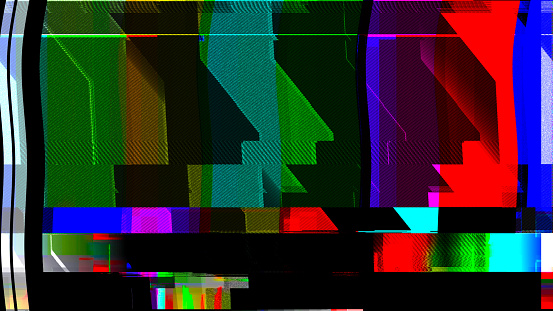 A TV test pattern or test card suffers digital glitch interference. Techniques used included databending and datamoshing