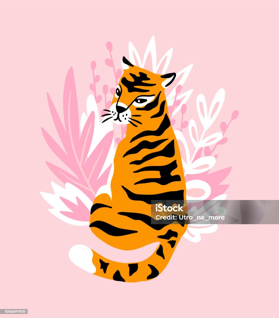 Carte de vecteur avec Tigre mignon sur le fond rose et feuilles tropicales. Bel animal print design de t-shirt.  Affiche à la mode pour la décoration. - clipart vectoriel de Faune libre de droits