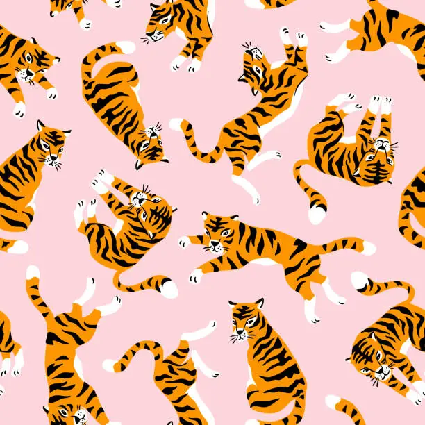 Vector illustration of Vector seamless pattern with cute tigers on the pink background. Circus animal  show. Fashionable fabric design.