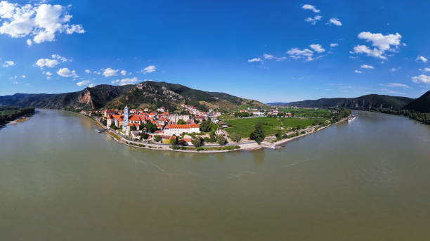 180 degrees aerial panorama of Durnstein town and vineyards. Wachau valley, Austria Panorama of Durnstein, Wachau valley, Austria. durnstein stock pictures, royalty-free photos & images