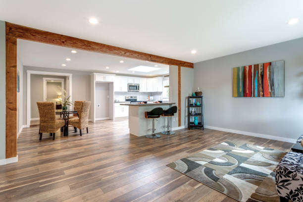 Open concept home interior with hardwood floor. stock photo
