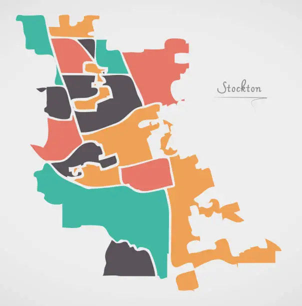 Vector illustration of Stockton California Map with neighborhoods and modern round shapes