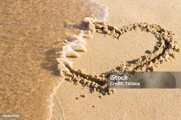 Heart Drawn On Sand Is Washed Off By Sea Wave Top View End Relationship Stock Photo - Download Image Now