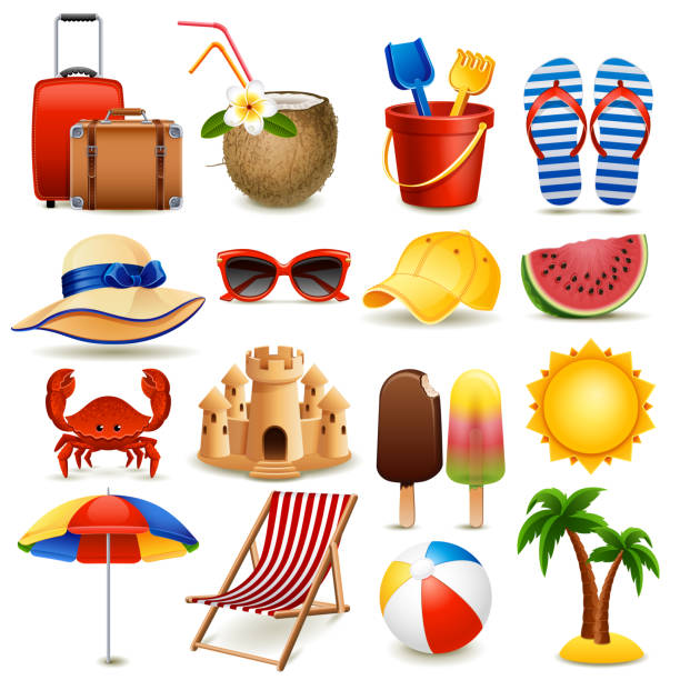 illustrazioni stock, clip art, cartoni animati e icone di tendenza di set di icone spiaggia - chair beach chaise longue isolated