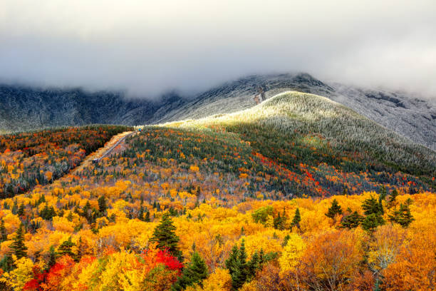 Autumn foliage and snow on the slopes of Mount Washington Mount Washington is the highest peak in the Northeastern United States at 6,288.2 ft and the most prominent mountain east of the Mississippi River. snowcapped mountain stock pictures, royalty-free photos & images