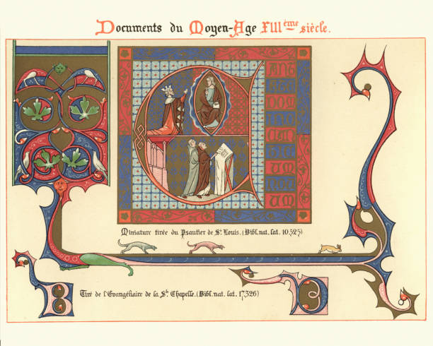 조명된 원고 13 세기에서 중세 장식 아트의 예 - manuscript medieval medieval illuminated letter old stock illustrations