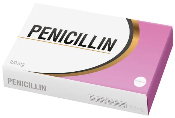 Vector illustration of PENICILLIN - pharmaceutical fake package, isolated on white background.