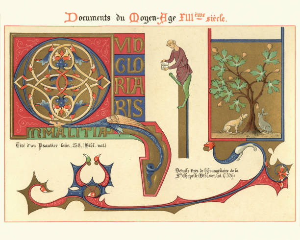 illustrations, cliparts, dessins animés et icônes de exemples de l’art décoratif médiéval de manuscrits enluminés du xiiie siècle - medieval illuminated letter