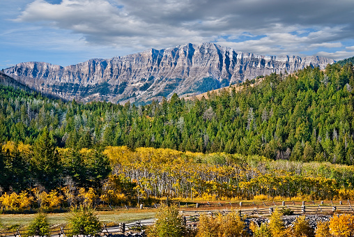 Fall comes early to the high country of Montana. While the plains are still baking in the heat of summer, the Continental Divide is taking on the hues of autumn. This scene of the Rocky Mountain Front Range was photographed from the Pine Butte Guest Ranch near Choteau, Montana, USA.
