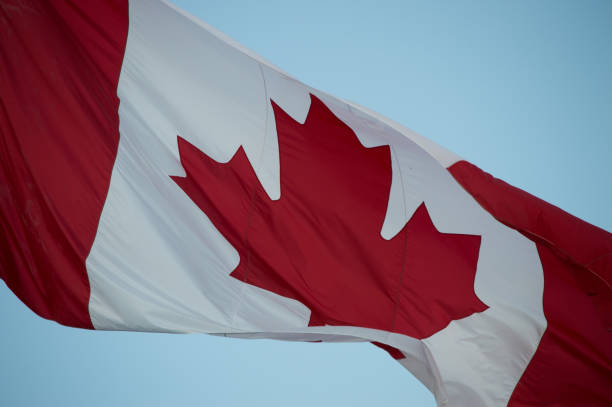 istock Canadian flag waving, red maple leaf, blue sky 1006638390