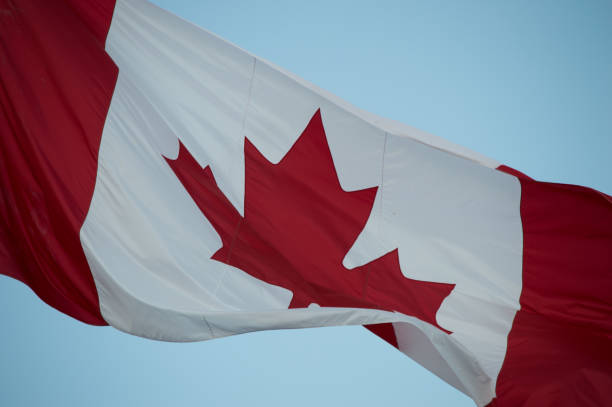 istock Canadian flag waving, red maple leaf, blue sky 1006638458