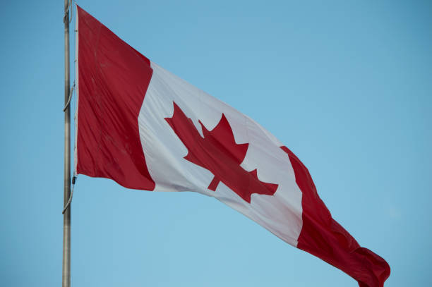 istock Canadian flag waving, red maple leaf, blue sky 1006638494
