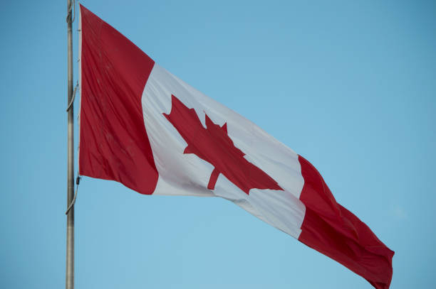 istock Canadian flag waving, red maple leaf, blue sky 1006638506
