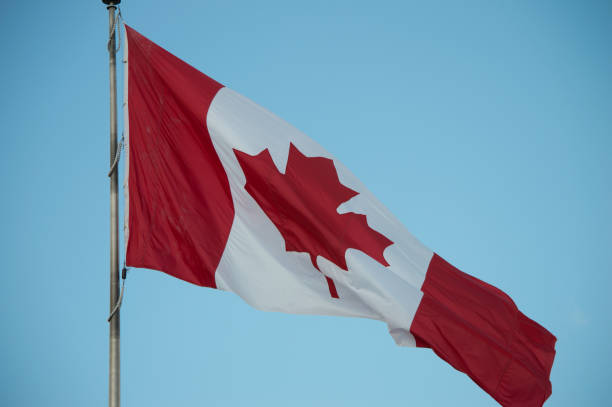 istock Canadian flag waving, red maple leaf, blue sky 1006638522