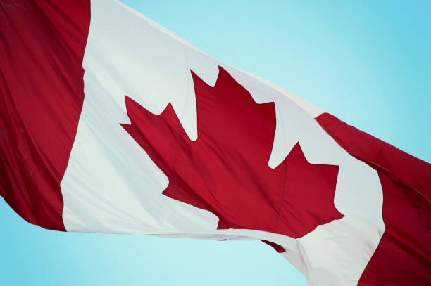 istock Canadian flag waving, red maple leaf, blue sky 1006641456