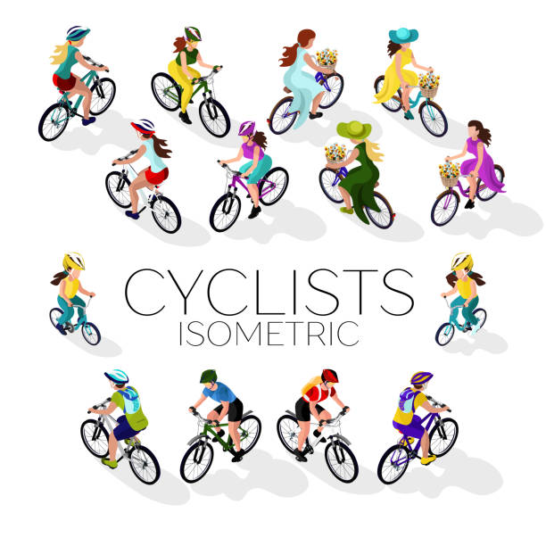 ilustrações de stock, clip art, desenhos animados e ícones de set of cyclists. a woman on a bicycle, a man on a bicycle, a child on a bicycle. isometric 3d - transportation symbol computer icon icon set