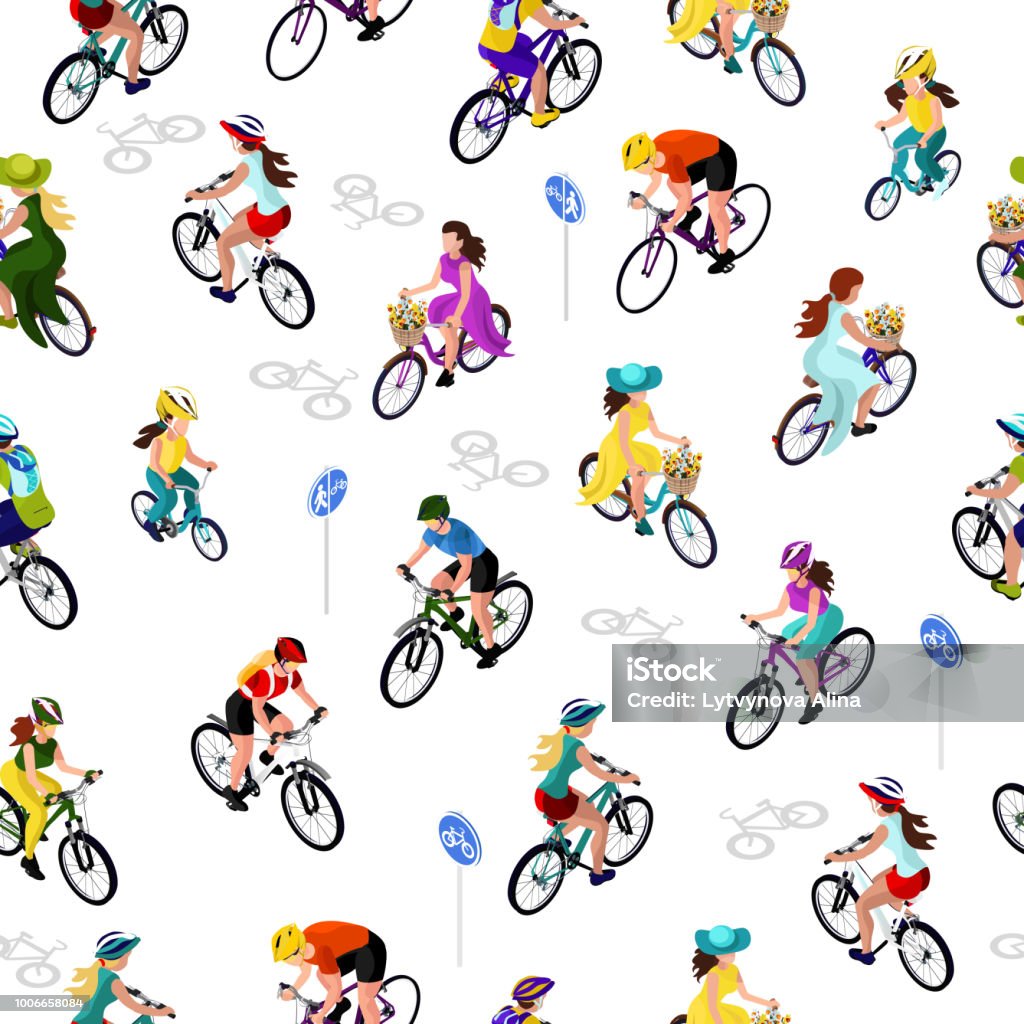 Seamless pattern of cyclists. A woman on a bicycle, a man on a bicycle, a child on a bicycle. Isometric 3d Cycling stock vector