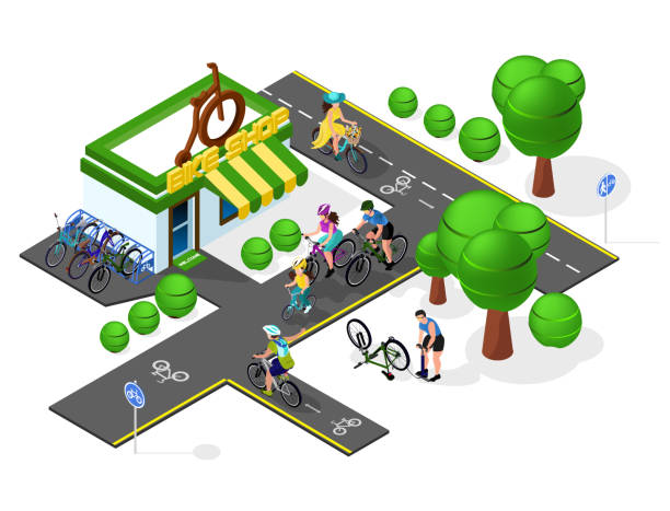 illustrations, cliparts, dessins animés et icônes de ensemble de l’infrastructure de la bicyclette. pistes de vélo, vélo, magasin de vélos. isométrie 3d - cycling mountain biking mountain bike bicycle