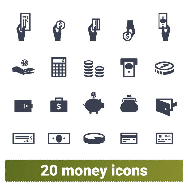 Money Payment And Financial Business Icons Set Money payment, finance and banking vector icons set. Money making, financial business and services, analytics, accounting symbols collection. Isolated on white background. banking symbols stock illustrations