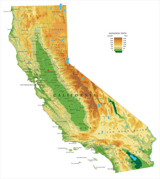 illustrazioni stock, clip art, cartoni animati e icone di tendenza di mappa fisica della california - map san francisco bay area california cartography