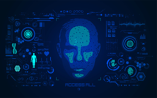 concept of face detection or biometrics, shape of human face combined with fingerprint with digital technology interface