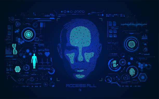 face detection concept of face detection or biometrics, shape of human face combined with fingerprint with digital technology interface biometrics stock illustrations