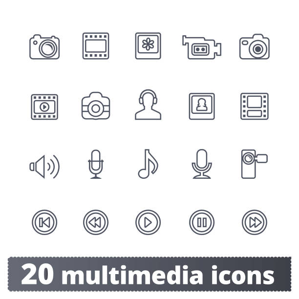 Multimedia Linear Icons For Web And Mobile Apps Mulimedia vector icons set. The media, photo, video, music pictogram outline. User interface design elements for social network, web and mobile services. Isolated on white background. play button photos stock illustrations