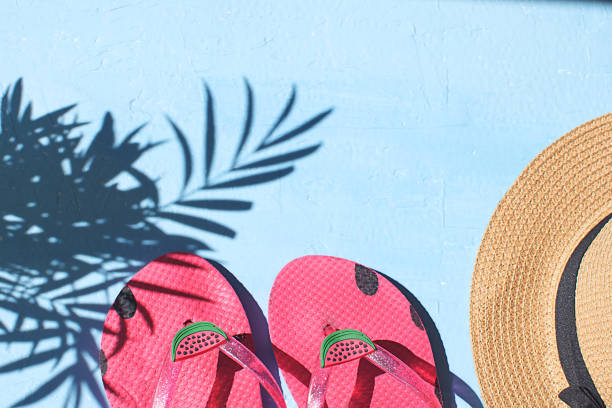 istock Summer season Vacation concept Flay lay Flip flops Straw hat light blue background Top view Copy space Tropical leaf shadow 1006687778