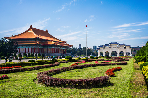 Scenic view of Liberty Square with archway National Theater close to Chiang Kai Shek Memorial Hall in Taipei Taiwan HDR