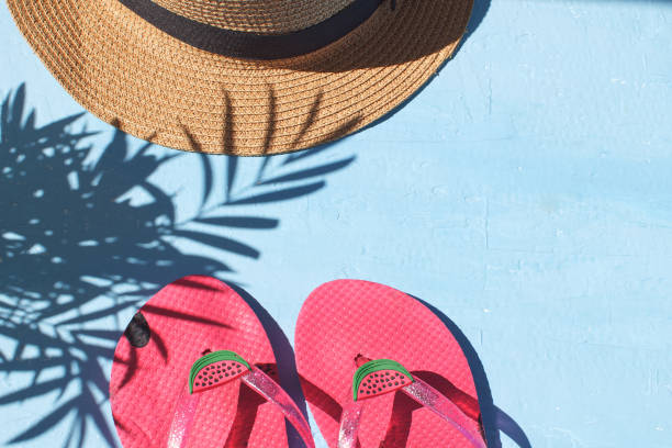istock Summer season Vacation concept Flay lay Flip flops Straw hat light blue background Top view Copy space Tropical leaf shadow Beautiful composition 1006691018