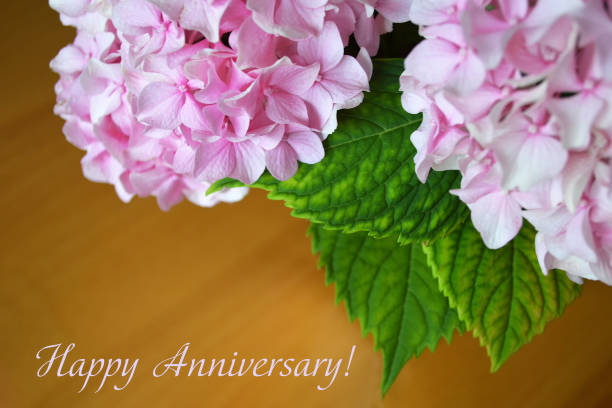 istock Anniversary card with hydrangea flowers on wooden background 1006697168