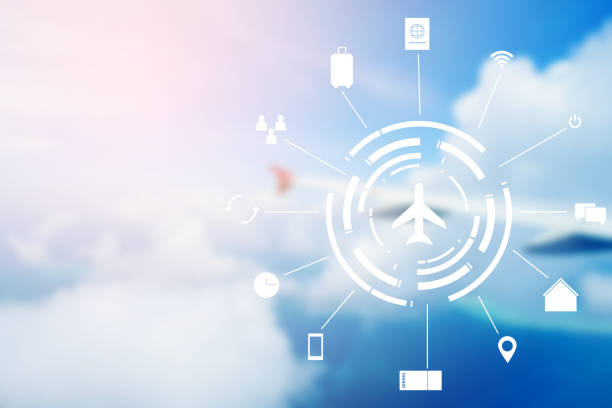 istock abstract blurred airplane wing fly on sunny day sky with virtual interface of air transportation symbol technology,business travel concept 1006716162