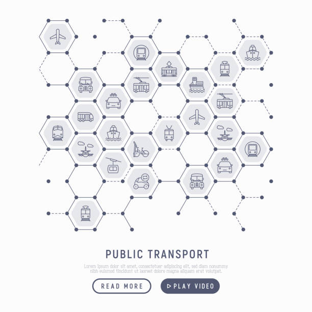 細い線のアイコンとハニカムで公共交通機関の概念: 鉄道、バス、タクシー、船、フェリー、トロリーバス、トラム、カーシェア リングします。正面と側面のビュー。バナー、web ページ、印 - public transportation cable car ferry bicycle点のイラスト素材／クリップアート素材／マンガ素材／アイコン素材