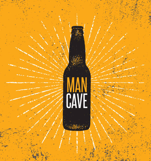 ilustrações de stock, clip art, desenhos animados e ícones de man cave rules with beer bottle. creative poster design concept with grunge frame and rough distressed texture. - hard drink