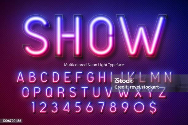 Alphabet Lumière Au Néon Polices Extra Lumineux Multicolore Vecteurs libres de droits et plus d'images vectorielles de Néon